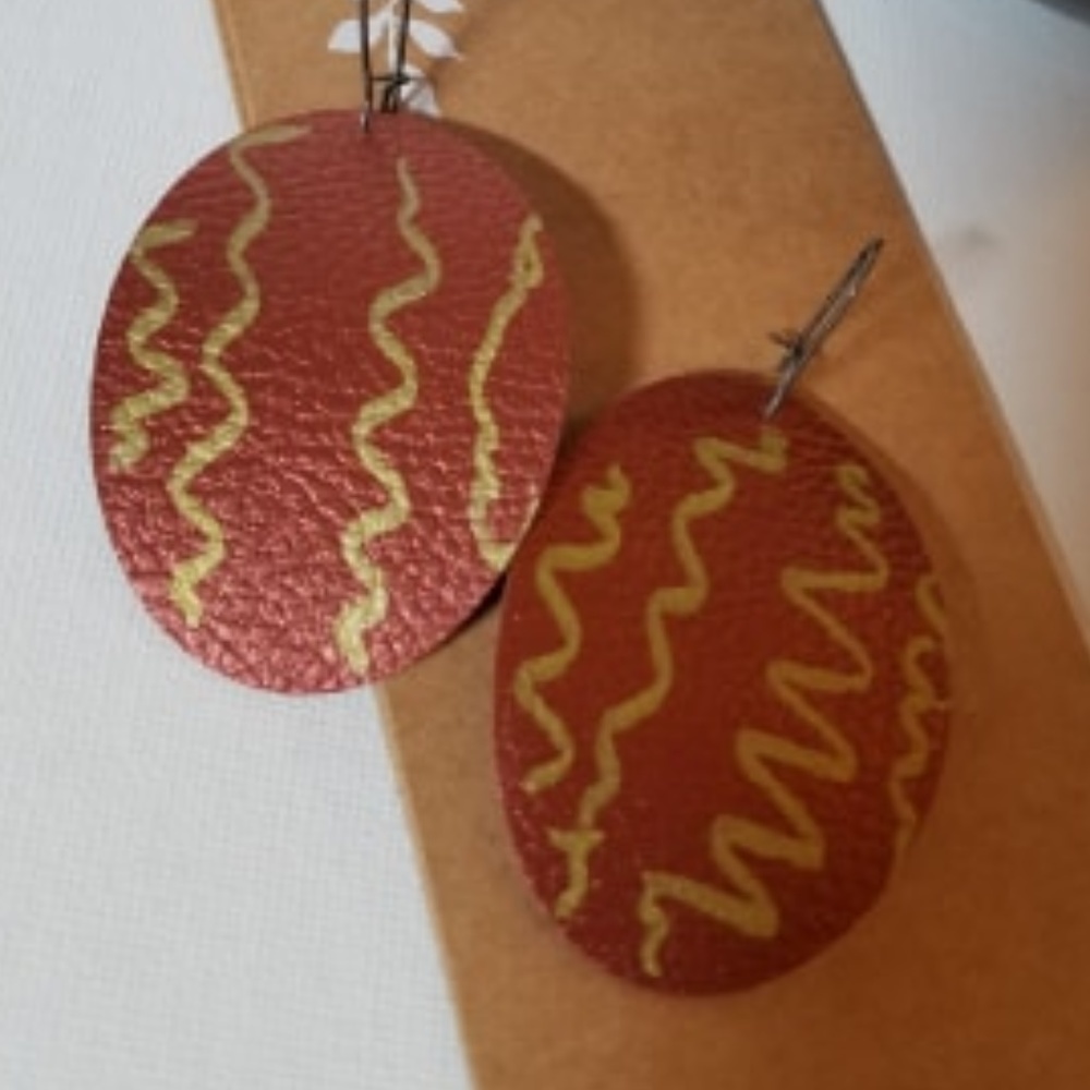 Pleather Drop Earrings Handmade Handpainted